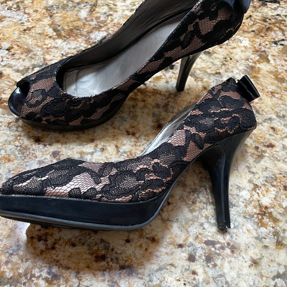 Fergie Black Lace Peep-Toe Heels
